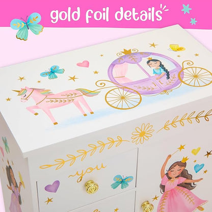 Giggle & Honey Princess Musical Jewelry Box for Girls - Kids Music Box with Drawers, Fairytale Gifts for Girls Birthday, Princess Jewelry Boxes for Ages 3-10 - 9 x 5 x 9.3 in, White