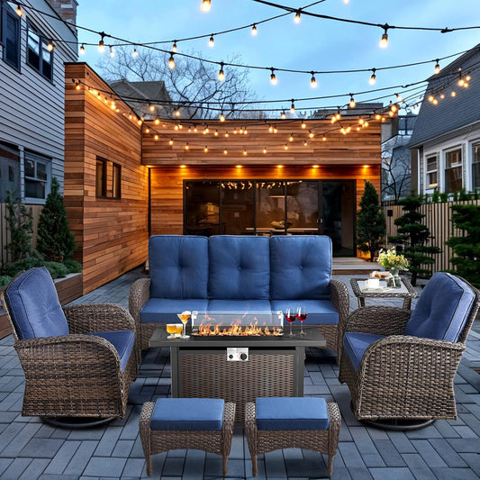 HUMMUH 7-Piece Patio Furniture Set with Fire Pit,Wicker Patio Sofa Set Outdoor Swivel Rocking Chairs with Ottomans for Backyard,Poolside,Deck