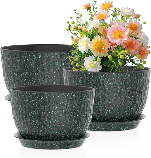 12/10/9 inch Large Plant Pots, 3 Pack Wide Flower Pots for Outdoor Indoor Plants with Ripples, Big Plastic Planters with Drainage Holes and Saucers for Garden Home, Black with Green Speckles