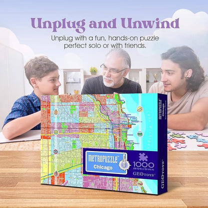 GeoToys Metropuzzle, Chicago Jigsaw Puzzles 1000 Pieces - 27 x 19 Detailed Chicago Geography Puzzle, Challenging Adult Puzzle, Fun Puzzles for Adults, Map Poster Included for Adults