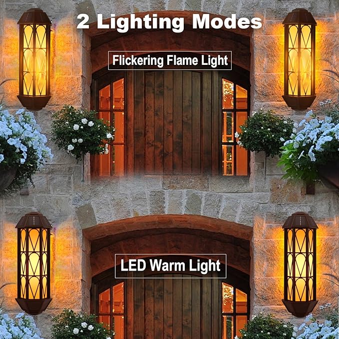KINGLEAD Flickering Flame Solar Wall Lights Outdoor Waterproof, Light Sensor Outdoor Wall Lights with 2 Lighting Mode, Vintage Solar Wall Lights for House Garden Porch Backyard Patio, 2 Pack