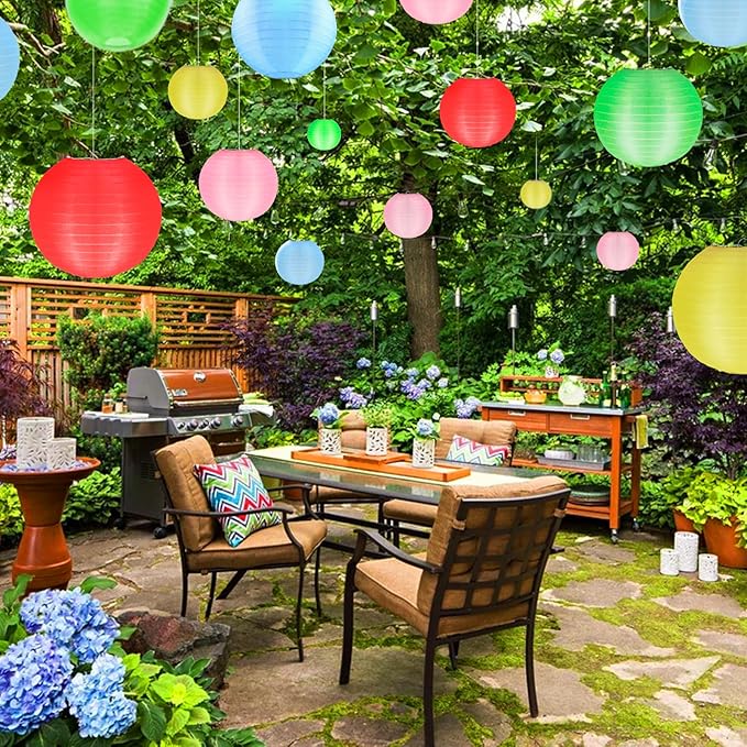 KNONEW 10 Pack Multicolor Outdoor Silk Lanterns Decorative, 10inch Waterprooof Outside Indoor Chinese Hanging Round Lanterns for Weddings, Birthdays, Parties Decoration (Mixed Color)