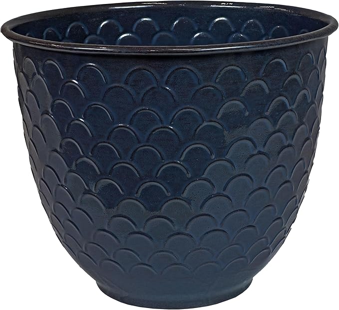 Sunnydaze Dinah 12.5" Metal Outdoor Plant Pot Set with Drainage Holes and Rubber Plugs - Navy Glaze - Set of 2