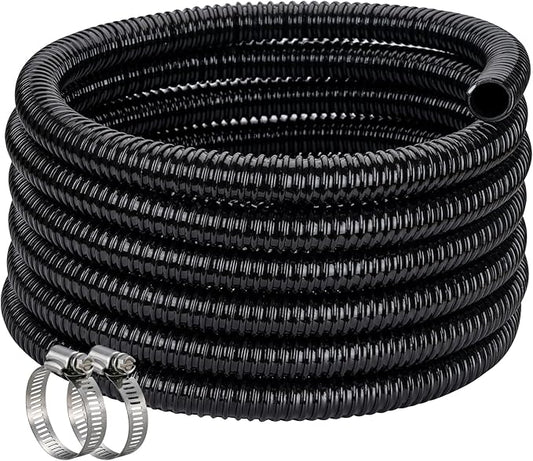 Pond Hose ID 1-1/4” × 50ft Black Corrugated Flexible Reinforced PVC Hose Vinyl Tubing for Pond Pump Fountain Garden Waterfall, Non-toxic & Kinkproof, with 2 clamps