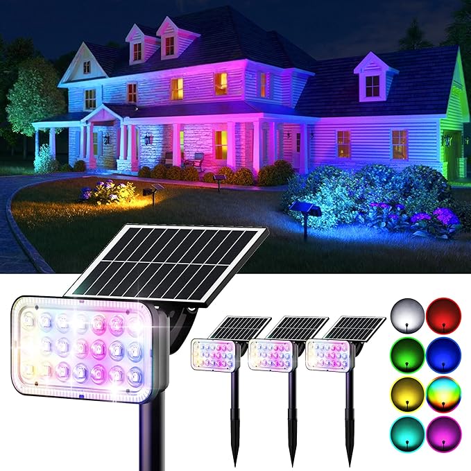 JACKYLED Solar Spot Lights Outdoor, 84 LED 7 Color Changing Solar Lights Outdoor Waterproof with 9 Modes, 360 Adjustable Landscape Spotlights for Halloween Xmas Decorations, Yard, Garden, Path, 4 Pack