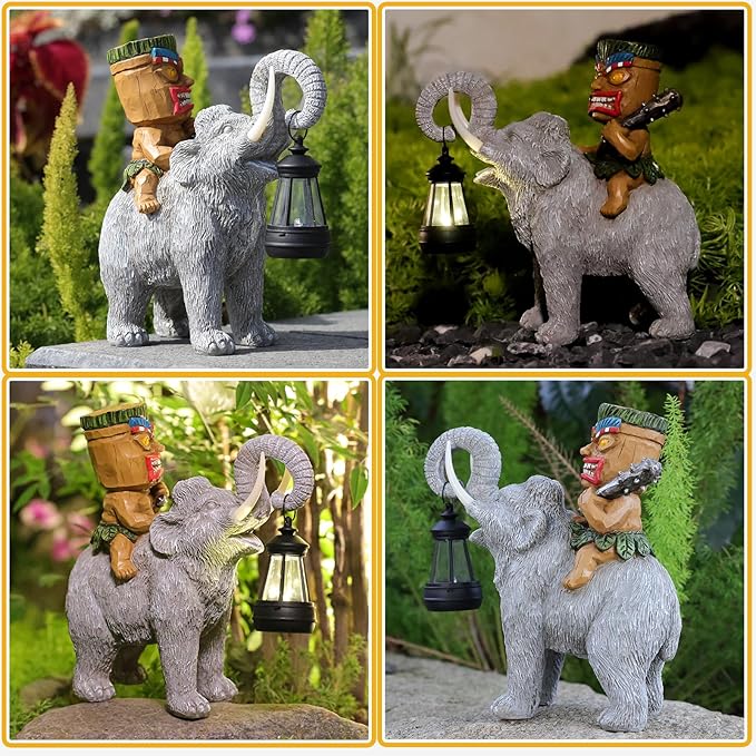 Solar Tiki Statue-Outdoor Statues-Tiki Bar Decor-Solar Powered Light Garden Figurine Tiki Decoration for Bar,Patio,Balcony,Yard,Lawn,Table,Riding A Elephant 9.09 Inches Tall