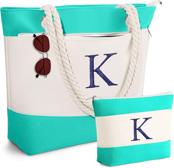 YOOLIFE Beach Bags for Women - Initial Tote Waterproof Bag with Makeup Bag, Mothers Day Gifts for Women Mom Friend Birthday