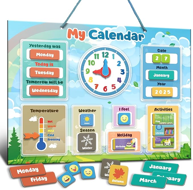 inamio Magnetic Kids Calendar for Learning - Classroom, Preschool Calendar for Kids and Toddlers - Days of The Week Chart - Today, Months and Weather