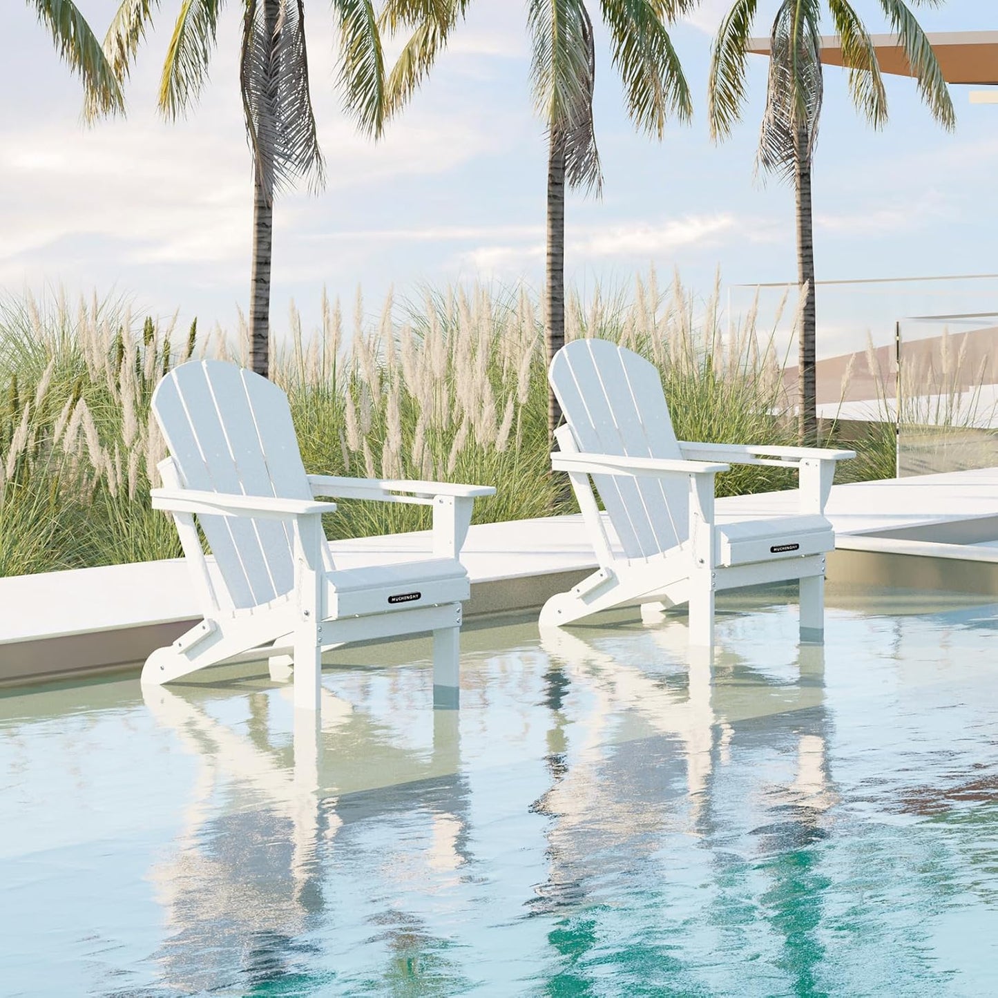 MUCHENGHY Folding Adirondack Chairs 4 Pack, Patio Chairs, Lawn Chairs, Outdoor Chairs, Adirondack Chair Plastic, Fire Pit Chairs, Weather Resistant with Cup Holder for Deck, Backyard, Garden(White)