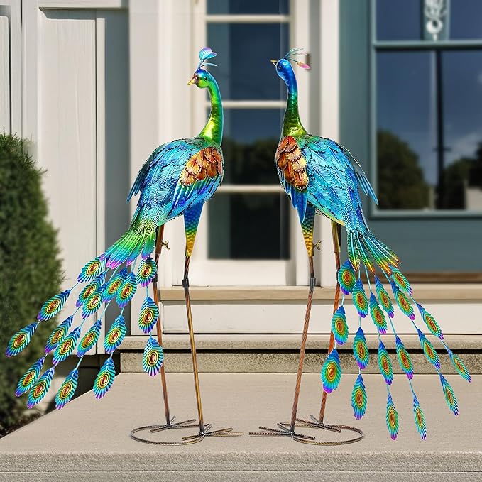 32" Tall Metal Peacock Garden Decor Outdoor Statues, Metal Standing Couple Peacock Decor for Outdoor, Handcrafted Garden Art Sculptures for Patio, Yard, Lawn Home Decoration, Set of 2