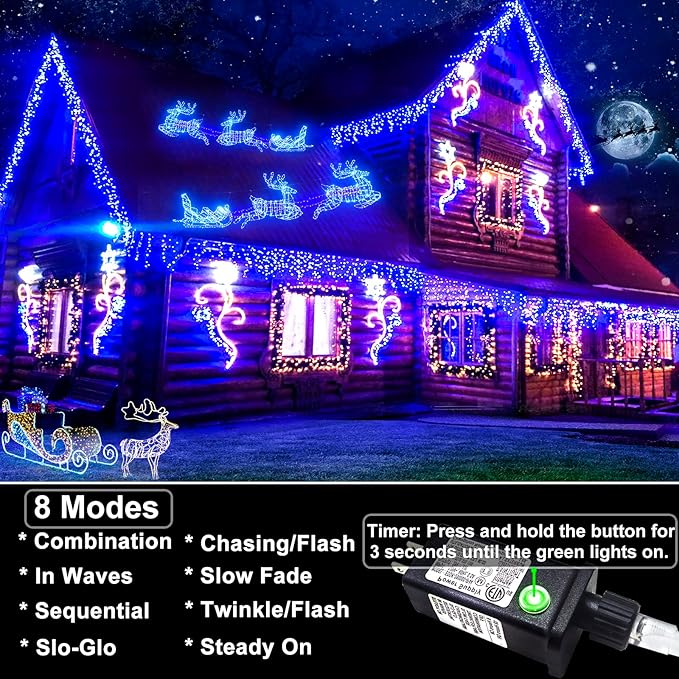 132ft Icicle Lights for Outside, 1280 LED Blue Christmas Lights Outdoor with 240 Twinkle Drops, 8 Modes Plug in Waterproof Timer Memory for Tree Wedding Party House Patio Eave Yard Holiday Decoration