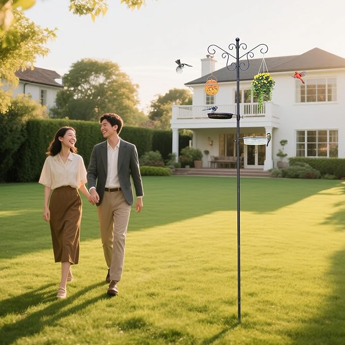 MIXXIDEA Bird Feeding Station Bird Feeder Pole with 5-Prong Base Hanging Hooks Water Bath Mesh Tray Wind-Resistant Water Bowl with Metal Snap Fastening for Outdoors to Attract Wild Birds