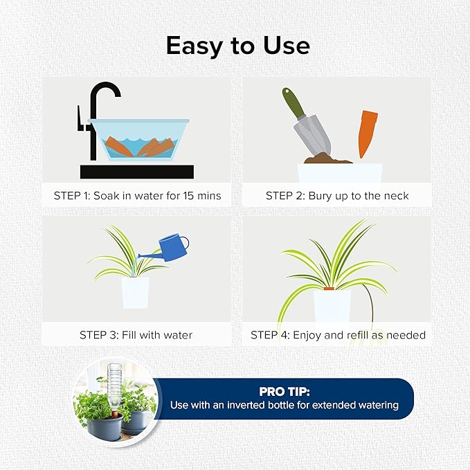 Terracotta Plant Watering Spikes - Large- Set of 4 with Lids Ideal for 8"-12" Pots Perfect Vacation Plant Watering System & Everyday Use for Busy Plant Lovers to Water Plants