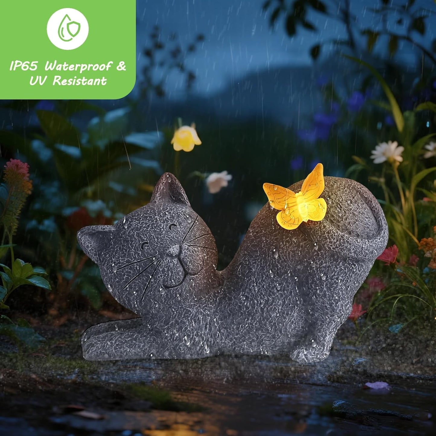 Solar Cat Garden Statue with Glowing Butterfly, Outdoor Resin Cat Figurine with Solar Light, Waterproof Yard Decor for Patio, Lawn, Porch, and Unique Garden Gifts for Cats Lovers