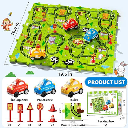 64PCS Puzzle Race Track Car Set for Kids Boys, Floor Puzzle Tracks Car Toys for Boys Girls Ages 3-5 4-6, Toddler Toys Gifts for 3 4 5 Year Old, Ideal 3 4 5 6 Year Old Birthday Gifts