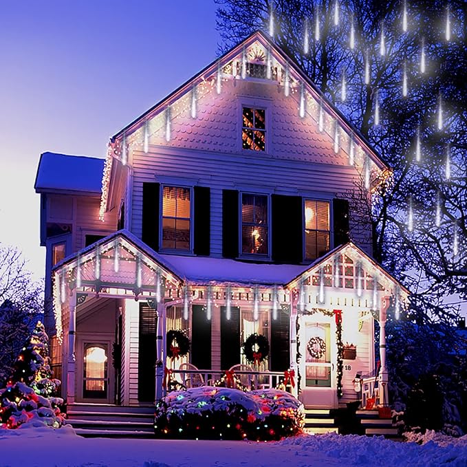 Outdoor Meteor Shower Lights - 16 Inch 8 Tube Snow Falling Icicle Cascading Lights for Xmas, Wedding Party, UL Plug, White