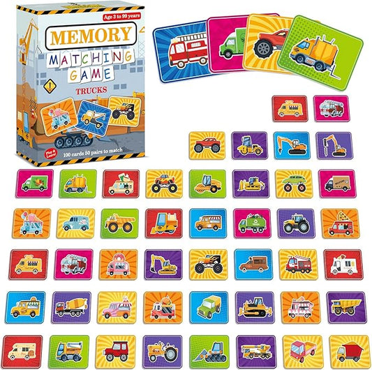 gisgfim 50 Pairs Memory Matching Game Trucks Concentration Memory Card Games for Kids Preschool Educational Ages 3-8 A Fun & Fast Vehicle Theme Matching Games