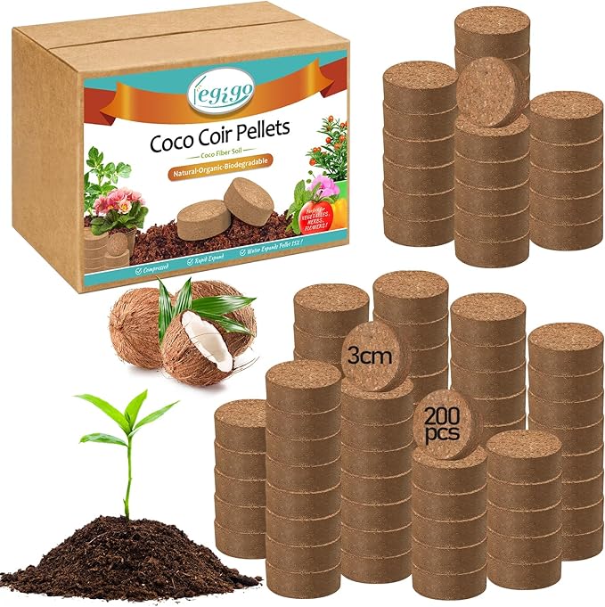 Legigo 200 Pcs 30mm Coco Coir Pellets Seed Starting Soil Mix- Compressed Coconut Coir Pellets Potting Soil Pods for Seedling, Coco Peat Soil Discs for Indoor & Outdoor Plants, Herb Vegetables Flowers