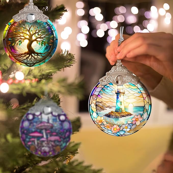 Stained Glass Suncatcher, Jocidea Lighthouse Ornament, Christmas Ornaments, Holidays Ornaments, Christmas Tree Decor, Lighthouse Decor for Home, Lighthouse Gifts