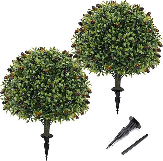 Artificial olive Topiary Ball Tree 24" with Ground Spike, Set of 2 Artificial Boxwood Bushes for Faux Shrubs, Fake Evergreen Faux Plant for Indoor Outdoor Porch Garden -UV Resistant–Fade-Proof