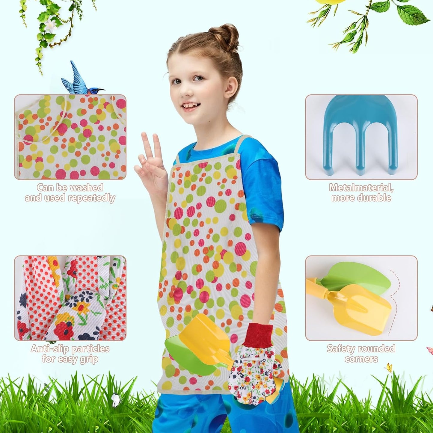 Kids Gardening Set, Kids Gardening Tools with Watering Can, Shovel, Rake, Gloves, Waterproof Apron and Storage Bag, Children Garden Tool for Boys Girls Age 3 4 5 6 7 8