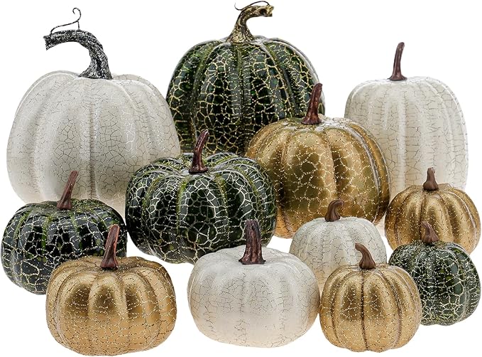 12 Pcs Pumpkin Decor,Fall Decorations for Home,Metal Cracked Design Foam Pumpkins for Thanksgiving Halloween Table Centerpiece Decor,Autumn Harvest Outdoor Pumpkins for Porch