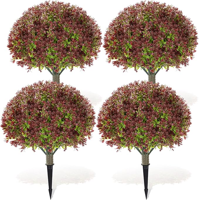 Yunlly 4 Pack 18" Artificial Boxwood Ball Bush Topiary Trees Fake Outdoor Plants, Realistic UV Resistance Faux Shrubs with Spike Greenery Topiary for Front Porch Garden Yard Patio Indoor (Dark Red)