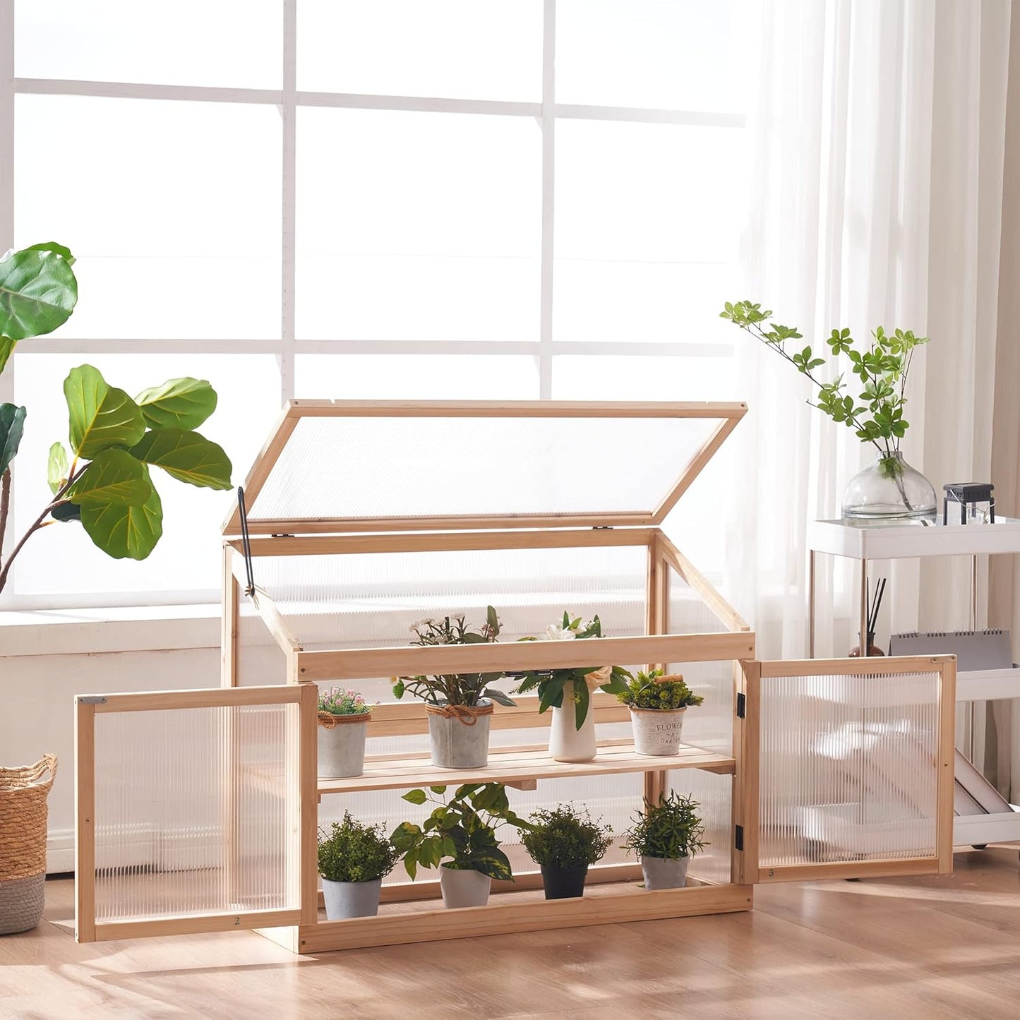 MCombo 2-Tier Wooden Cold Frame Garden Greenhouse Raised Flower Planter Shelf Bed Protection 6057-0160 (Natural)