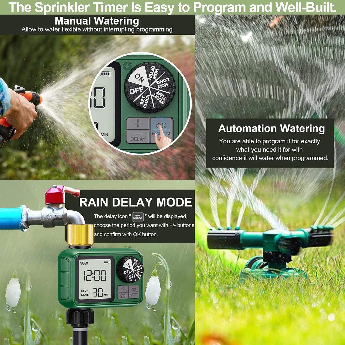 Sprinkler Timer Brass, Programmable Water Timer with Rain Delay, Manual& Automatic System for Garden Hose Faucet, Waterproof Gardening Supplies Irrigation Controller Watering Lawn Evenly& Efficiently