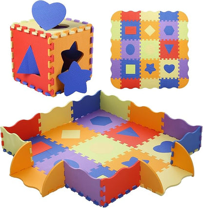 Foam Play Mat for Kids，25Pcs Square Interlocking Puzzle Floor Mat，Baby Play Mat Floor Mat Foam Puzzle Playmat for Toddlers with Fence（Shape-CSH028