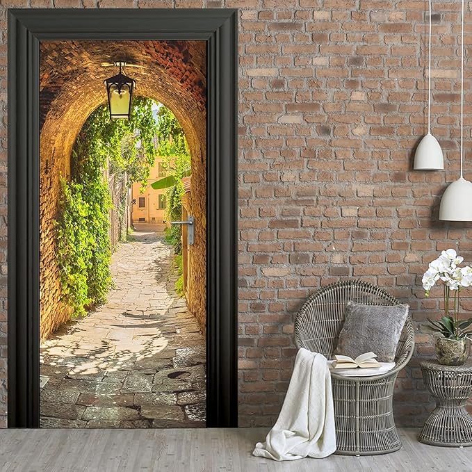 3D Door Stickers Murals Peel and Stick - TOSKANA Corridor - Door Wallpaper Self-Adhesive Door Decals Removable PVC Waterproof Door Poster for Bedroom Living Room Door Decoration 33.9 x 78.7 inch