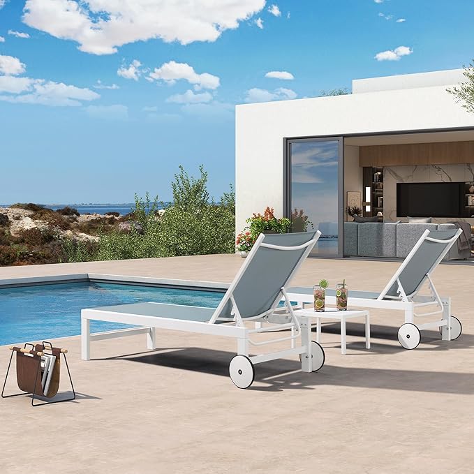 PURPLE LEAF Outdoor Chaise Lounge Set of 4 White Aluminum Lounge Chair Outdoor with Wheels Five-Position Adjustable Patio Lounge Chair for Pool Deck Yard, Steel Blue