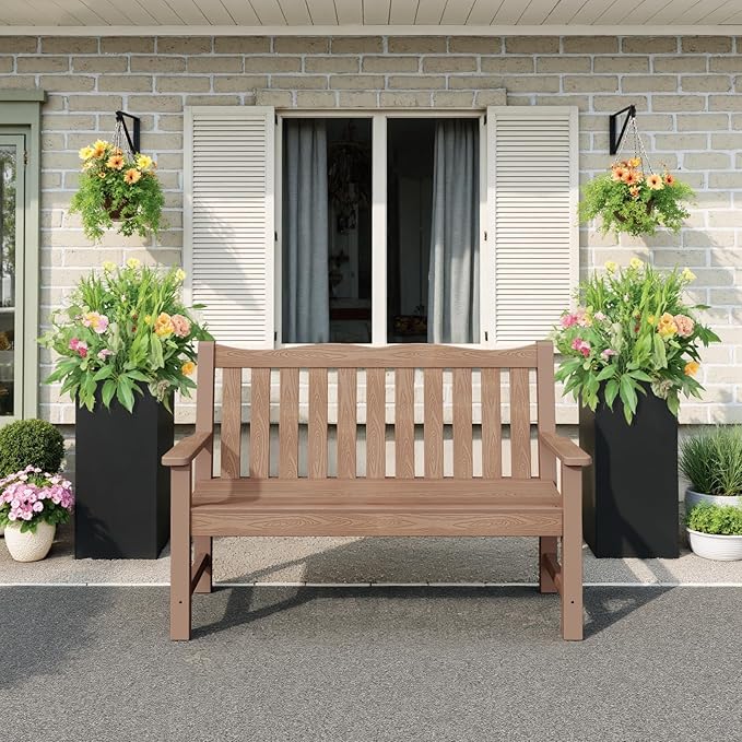 Outdoor Bench, 2-Person Poly Lumber Garden Bench, All-Weather Outside Bench with 800 lbs Weight Capacity, Never Rot or Fade, Looks Like Real Wood, Teak