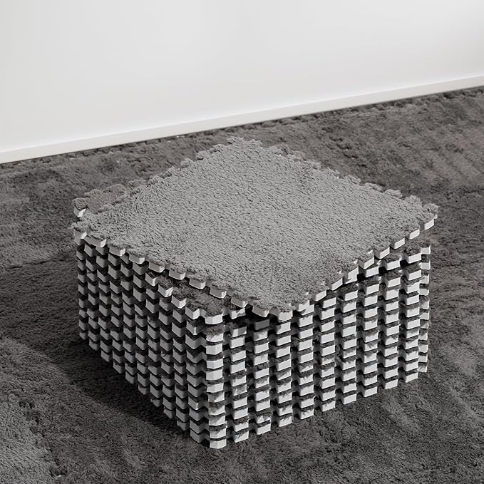 12 Pcs Plush Interlocking Carpet Tiles, Non-Toxic Shaggy Foam Carpet Tiles for Toddler Baby, Machine-Washable, Anti-Slip, EVA Foam Interlocking Tiles for Floor, Nursery, Playroom, Grey