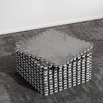 12 Pcs Plush Interlocking Carpet Tiles, Non-Toxic Shaggy Foam Carpet Tiles for Toddler Baby, Machine-Washable, Anti-Slip, EVA Foam Interlocking Tiles for Floor, Nursery, Playroom, Grey