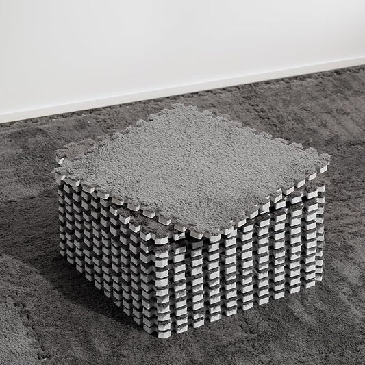 12 Pcs Plush Interlocking Carpet Tiles, Non-Toxic Shaggy Foam Carpet Tiles for Toddler Baby, Machine-Washable, Anti-Slip, EVA Foam Interlocking Tiles for Floor, Nursery, Playroom, Grey