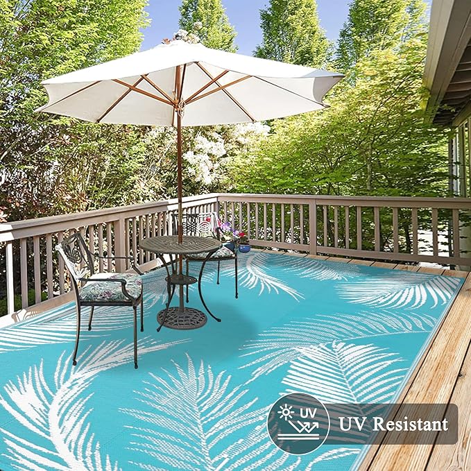 Pauwer Waterproof Outdoor Rug 5x8, Reversible Plastic Straw Patio Camping Rug, Indoor Outdoor RV Mat Carpet for Deck, Camper, Porch, Balcony, Backyard, Picnic, Leaf Teal