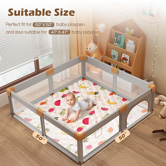 50x50 Playpen Mat, PIGLOG 0.8 Inch Thick Foam Baby Play Mat for Floor, Soft Fabric Cushioned Play mat for Babies，Washable Non-Slip Playmate for Baby, Infants & Toddlers (Light Yellow)