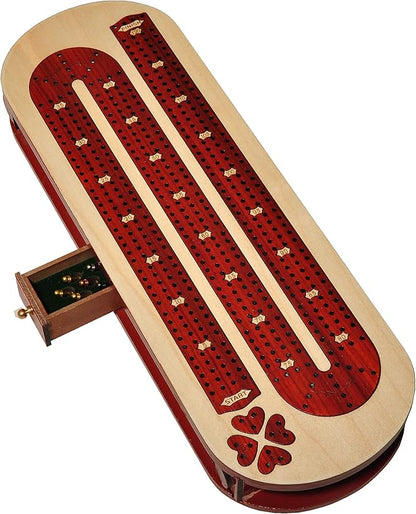 Palm Royal Handicrafts 4 Track Continuous Wooden Cribbage Board Inlaid in Blood Wood and Maple Storage Available