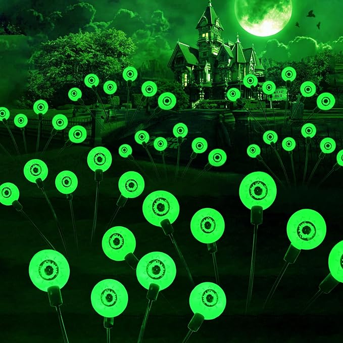 Halloween Decorations Outdoor, 3 Pack 18 LED Scary Solar Eyeball Lights, Green Solar Firefly Lights Outdoor Waterproof, Swaying Solar Halloween Lights for Yard/Garden/Pathway/Lawn/Party Decor