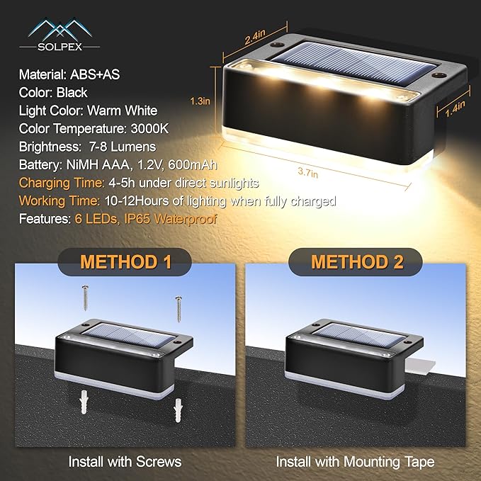 SOLPEX Solar Fence Lights, 6 LEDs Solar Lights Outdoor Waterproof Solar Powered for Deck, Stair, Front Porch, Balcony, Walkway, Garden, Yard, Patio, Pool Decor, IP65 Waterproof (12 Pack, Warm White)