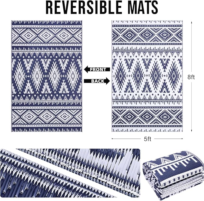 OLANLY Outdoor Rug Waterproof 5x8 ft, Reversible Outdoor Plastic Straw Rug, Boho Patio Rug, Indoor Outdoor Carpet, RV Mat Outside for Patio, Camp, Picnic, Balcony, Deck, Backyard, Navy & White