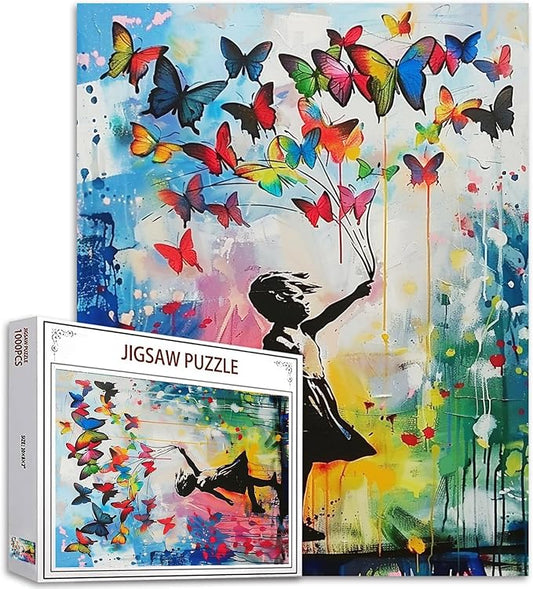 Tucocoo Butterflies Jigsaw Puzzles for Adults 1000 Pieces, Little Girl Banksy Street Art Style Jigsaw Puzzle Colorful DIY Puzzles for Home Decoration Gifts, Family Puzzle Perfect for Game Nights