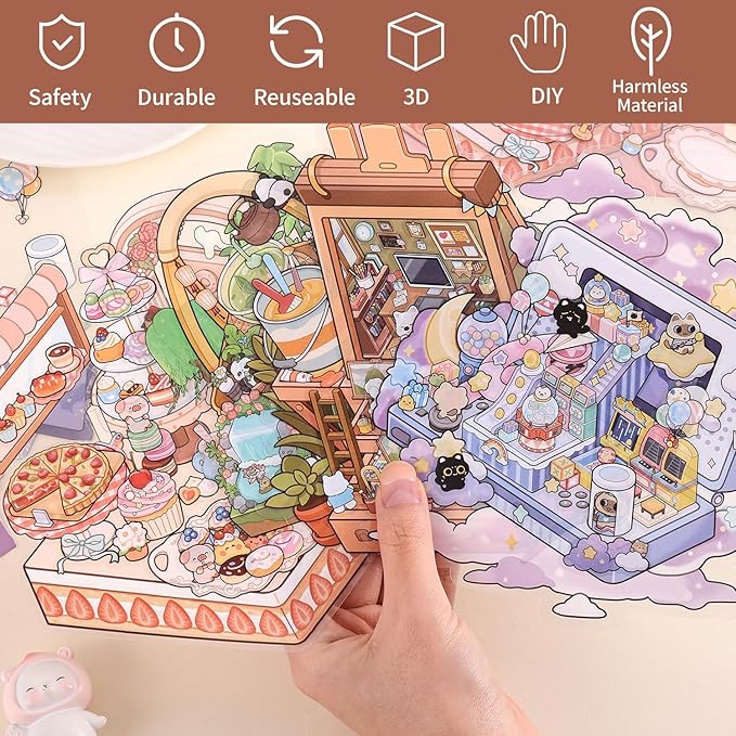 Girls 3D Miniature Scene Stickers, 4 Sets Storage Box DIY House Stickers for Dessert House,Tea Room,Painting Studio,Game Park,Cute 3D Cartoon Sticker Scenes for Adult Kids Relief Stress Pass The Time