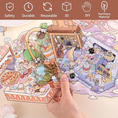 Girls 3D Miniature Scene Stickers, 4 Sets Storage Box DIY House Stickers for Dessert House,Tea Room,Painting Studio,Game Park,Cute 3D Cartoon Sticker Scenes for Adult Kids Relief Stress Pass The Time