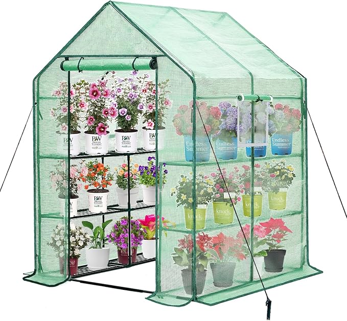 Walk-in Greenhouse w/ Roll-Up Zipper Door & Screen Windows-3 Tiers 12 Shelves 56x56x76“ PE Greenhouse for Outdoor Gardening Plants Cold Frost Protection Wind Rain Proof(PLGHW002G-N)