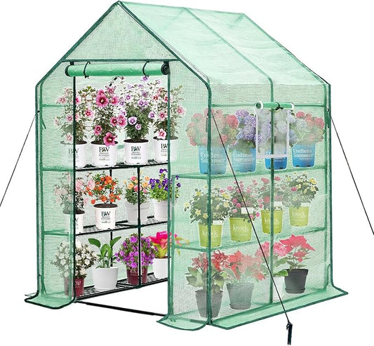 Walk-in Greenhouse w/ Roll-Up Zipper Door & Screen Windows-3 Tiers 12 Shelves 56x56x76“ PE Greenhouse for Outdoor Gardening Plants Cold Frost Protection Wind Rain Proof(PLGHW002G-N)