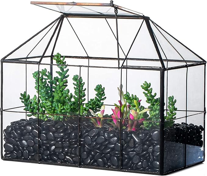 NCYP Glass Terrarium Planter with lid for Small Succulent Cacti - 9.84" x 5.31" x 7.87" Grid House Shape Geometric Planter Pot, Home Garden Indoor Tabletop Decor, Black (No Plants)