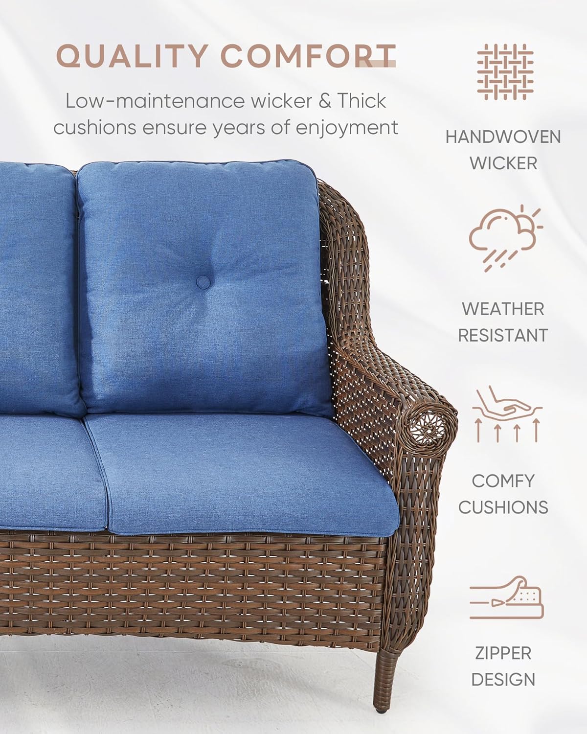 Patio Loveseat Outdoor Wicker Sofa - Heavy Duty All-Weather Brown Rattan 2-Person Sofas with High Back and Comfortable Thick Cushions for Garden Back Porch Poolside Apartment - Navy Blue