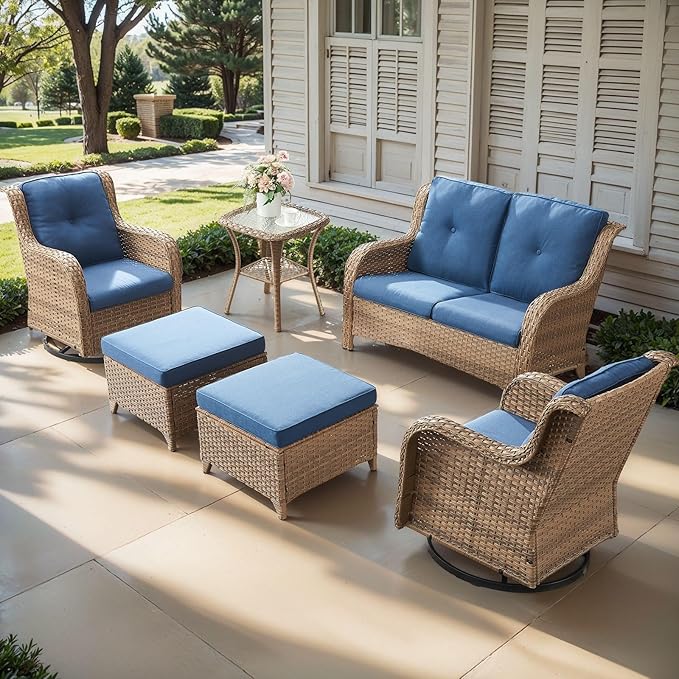 Outdoor Wicker Patio Furniture Set - 6 Piece Rattan Patio Conversation Set with 2 Rocking Swivel Chairs,2 Ottomans,1 Loveseat and 1 Side Table for Porch Deck Backyard Garden(Yellow/Blue)
